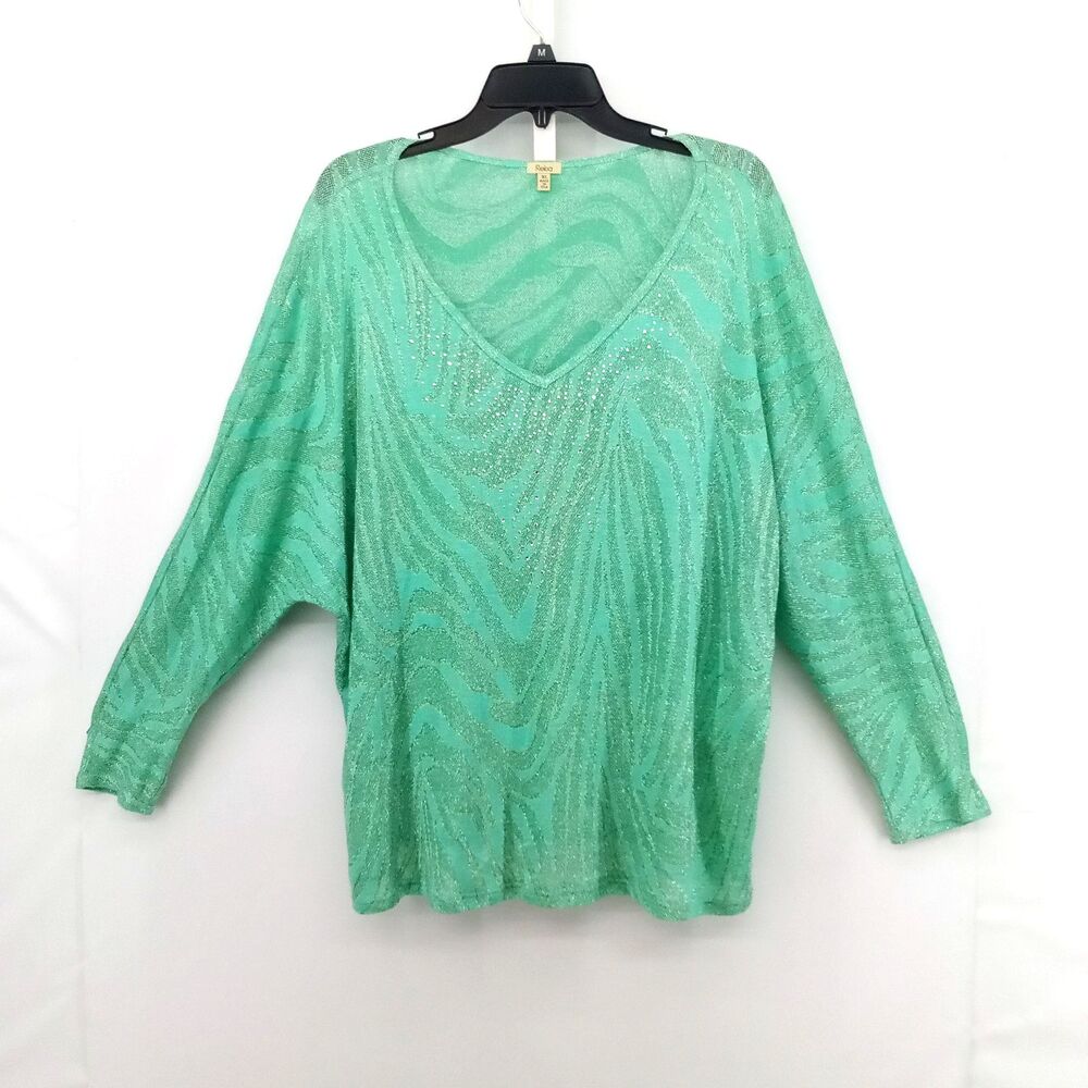 Reba Blouse Womens Size XL Green Long Sleeve Deep V Neck Beaded Animal Print Top